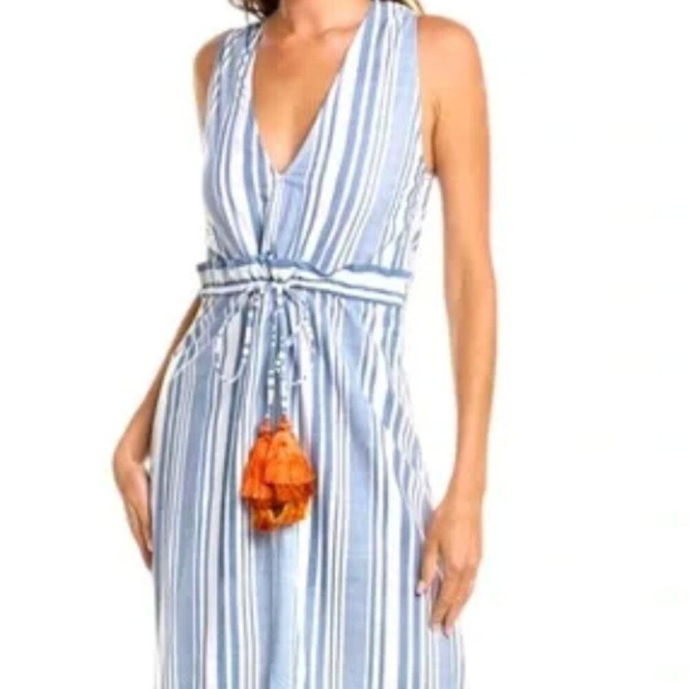 BINDU Striped Pom Pom Tassel Vent Front Maxi Dress MEDIUM